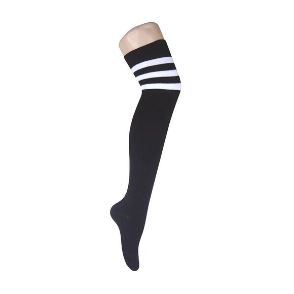 Thigh High Socks Knee High Ladies Over Knee Socks Black with White Stripes NEW - Picture 3 of 4